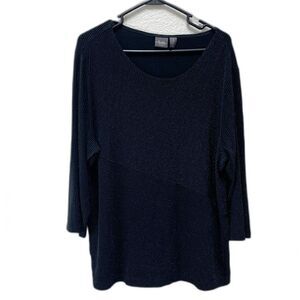 Chico's Travelers Size 3 Black Silver Glitter Striped Slinky Boat Neck Tunic Top